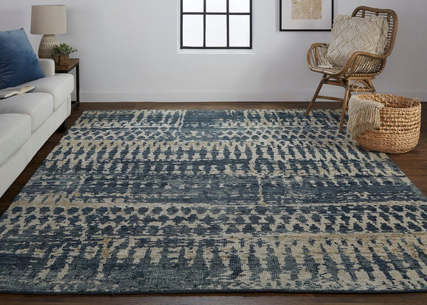 100% Wool, Hand-Knotted Blue Geometric Rug